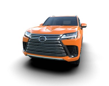 Beyaz arka planda modern lüks bir araba, bir bardak camla, 3 boyutlu.