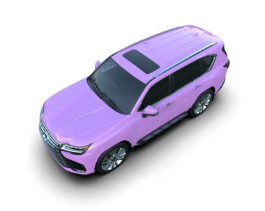 beyaz arka planda küçük bir arabası olan pembe bir araba.