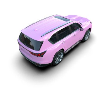 Beyaz arka planda pembe lüks aile arabası. 3D illüstrasyon, 3D canlandırma