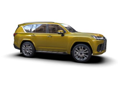 Beyaz arka planda izole edilmiş sarı lüks SUV arabası 3 boyutlu görüntüleme