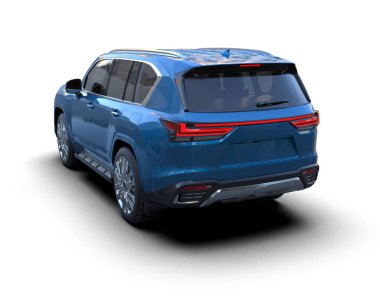 Mavi araba arka planda izole edilmiş. 3D görüntüleme - illüstrasyon