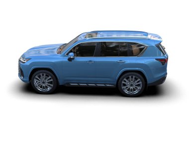 Mavi SUV beyaz arka planda izole edildi. 3d oluşturma