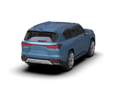 Beyaz arka planda boş ekranlı mavi araba, 3 boyutlu görüntüleme.