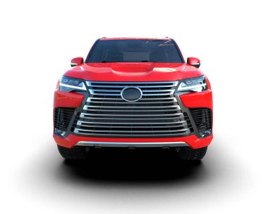 Kırmızı araba, beyaz arka planda modern şehir. 3d oluşturma.