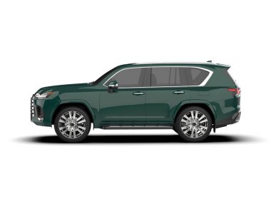 Beyaz arka planda izole edilmiş, yeşil, jenerik bir SUV 'un 3 boyutlu çizimi.
