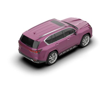 Beyaz arka planda mor bir cip arabası. 3d oluşturma.