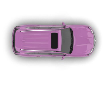 Beyaz arka planda küçük bir arka planı olan modern pembe bir araba. 3d oluşturma
