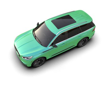 Beyaz arkaplanda 3 boyutlu yeşil SUV izole edildi
