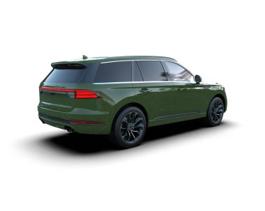 Beyaz arka planda gölgesi olan modern yeşil şehir arabası - 3 boyutlu