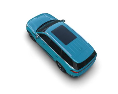 Stüdyoda yeşil yapraklı mavi elektrikli bir arabanın 3 boyutlu görüntüsü.