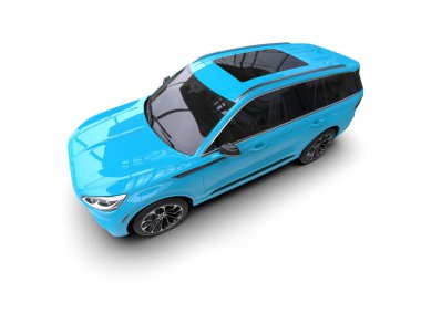 Mavi araba beyaz arka planda izole edildi. 3 boyutlu görüntüleme - 3 boyutlu