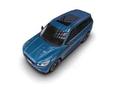 Modern şehir arabası. Mavi arka planda gölgesi olan 3 boyutlu resim.