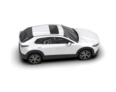 Beyaz arka planda gölgesi olan modern beyaz bir araba. 3d oluşturma