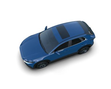 Kendi tasarımınız için boş bir alanı ve beyaz bir arka planı olan mavi modern bir araba. 3d oluşturma.