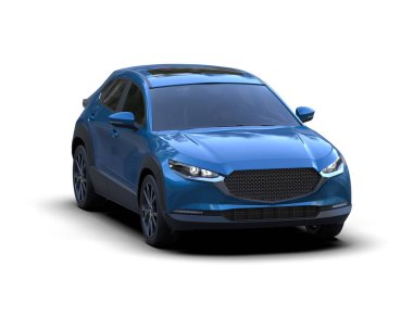 Beyaz arka planda gölgesi olan mavi, modern bir araba. 3d oluşturma