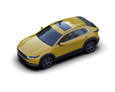 Beyaz arka planda izole edilmiş sarı spor araba 3 boyutlu görüntüleme