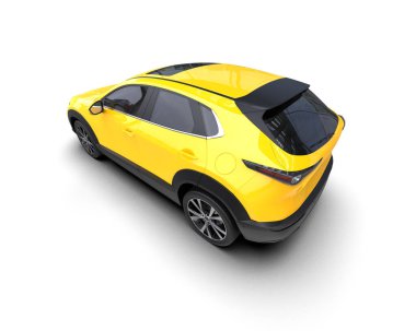 Sarı şehir arabası gölgeli beyaz arka planda izole edildi - 3 boyutlu illüstrasyon