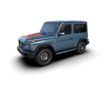 Beyaz arka planda mavi lüks SUV izole edilmiş. 3d illüstrasyon