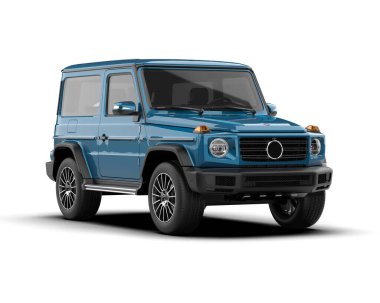 Beyaz arkaplanda daha az izole edilmiş mavi bir SUV 3D görüntüleme
