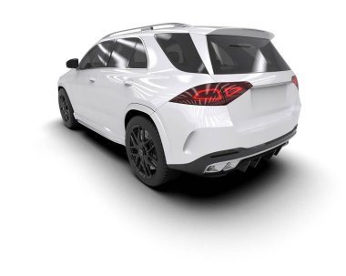 Beyaz SUV arabası, beyaz renkte ve yansımalı. 3d oluşturma