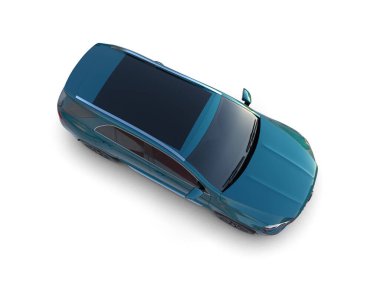 Beyaz arka planda mesajınız için boş alanı olan mavi modern bir araba. 3d oluşturma.