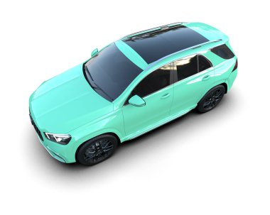 Modern şehir arabası. Beyaz arka planda bir aile. 3D oluşturuldu