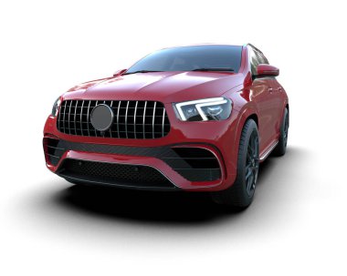 Kırmızı arka planda lüks bir spor araba. 3 boyutlu resimleme