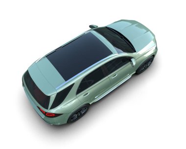 Modern şehir beyaz arka planda izole edilmiş. 3 boyutlu çizim - bir araba ile resimlendirme