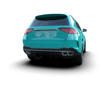 Beyaz arka planda yansıması olan modern mavi bir araba. 3d oluşturma