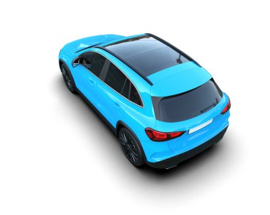 Beyaz arka planda mavi bir araba. 3d oluşturma