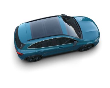 Gri arkaplanda izole edilmiş mavi bir arabanın 3 boyutlu görüntüsü