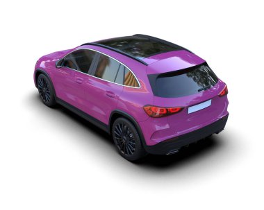 Beyaz arka planda şehir manzaralı pembe bir cip. 3d oluşturma