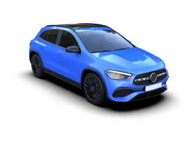 Beyaz arka planda mavi bir araba, 3 boyutlu..