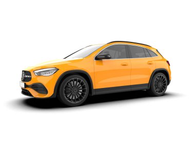 3D görüntüleme. Gıcır gıcır, beyaz arka planda jenerik arabası olan yeni bir araba..