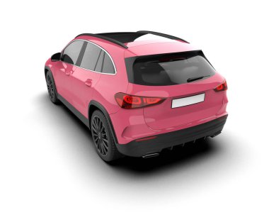 Beyaz arka planda pembe kompakt araba, 3 boyutlu görüntüleme.