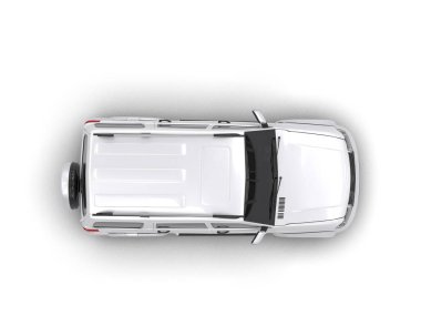 Beyaz arka planda izole edilmiş beyaz modern araba. Yukarıdan bak. 3d oluşturma.