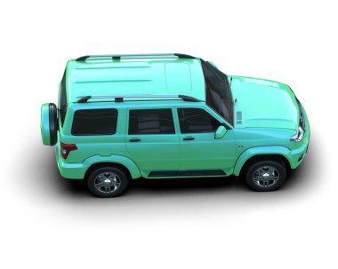 Beyaz arkaplanda izole edilmiş yeşil bir arabanın 3 boyutlu görüntüsü