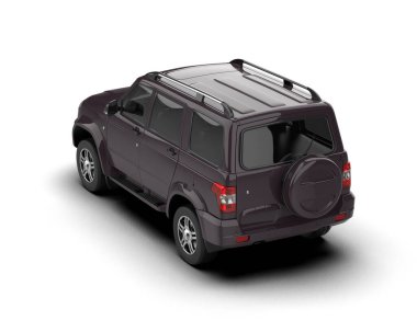 Beyaz stüdyo arka planında koyu tenli bir arabanın 3 boyutlu görüntüsü.