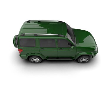 Beyaz stüdyo arka planında yeşil bir minibüsün 3 boyutlu görüntüsü.
