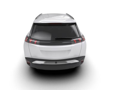 Beyaz arka planda izole edilmiş beyaz bir araba. 3d illüstrasyon.