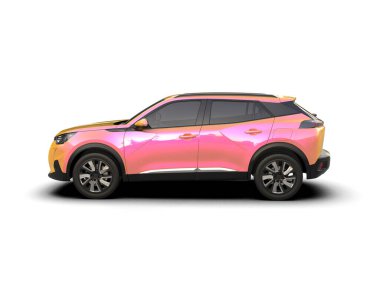 Pembe SUV arabası beyazda izole edilmiş.