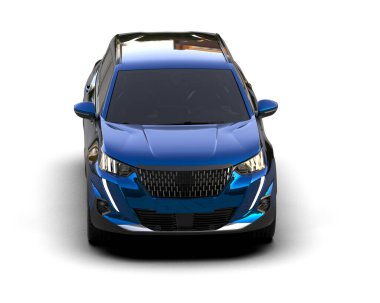 Mavi şehir modern aile arabası. 3d oluşturma