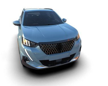 Güzel mavi bir yüzeyi olan, aydınlık arka planda izole edilmiş modern lüks araba. Gölgesi olan 3 boyutlu bir araba modeli..