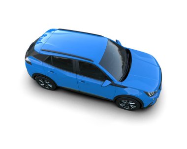 Boş beyaz arka planı olan mavi bir araba. 3d oluşturma