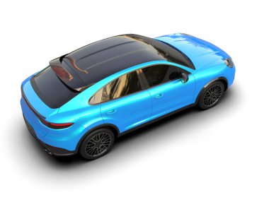 Siyah arka planda mavi şehir arabası. yaratıcı tasarım 3d illüstrasyon.