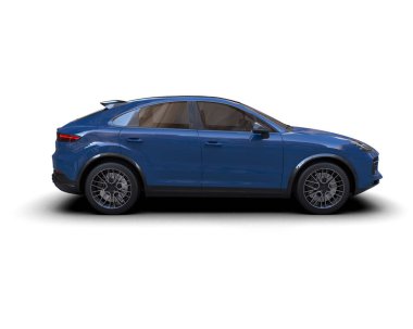Beyaz arka planda gölgeli modern mavi SUV arabası