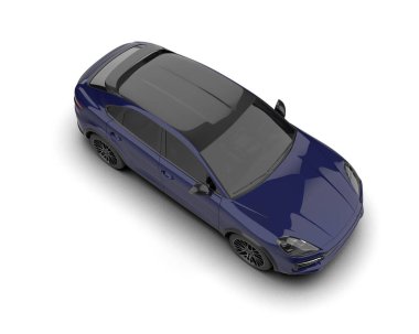 Stüdyoda beyaz arka planda izole edilmiş mavi bir arabanın 3 boyutlu görüntüsü.