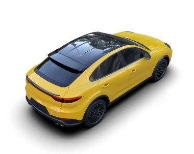 Beyaz arka planda izole edilmiş sarı modern araba 3 boyutlu illüstrasyon