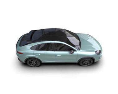 Beyaz zemin üzerinde izole edilmiş bir arabanın 3 boyutlu görüntüsü.