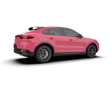 Beyaz arka planda beyaz bir ekranı olan pembe bir araba. 3d oluşturma